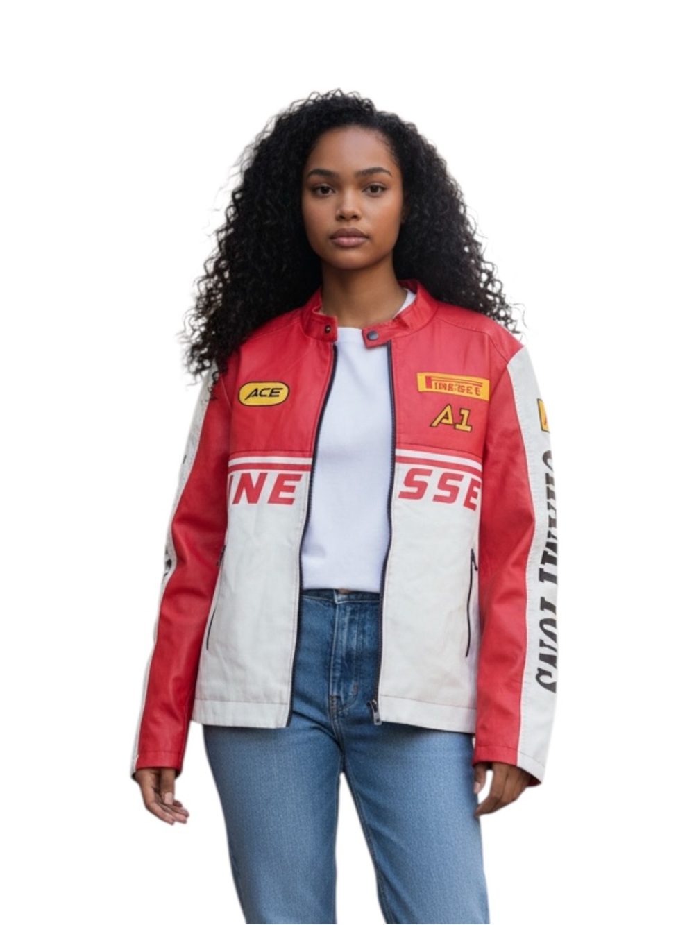 ACE Red and White Racing-Inspired Faux Leather Jacket Size L